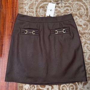 7 for all mankind Horsebit skirt brown gold buckle faux leather mini skirt.